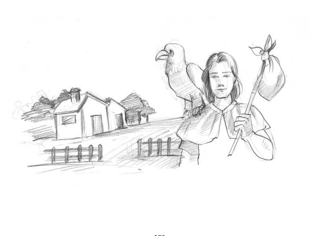 Illustration : Malik part de son village avec Flèche l'aigle posé sur son épaule et un baluchon à la main